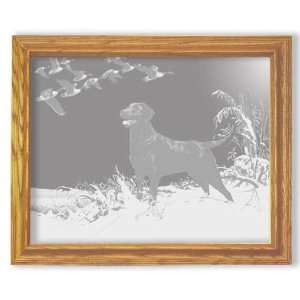 Hunting Dog and Geese   Etched Mirror in Solid Oak Frame  