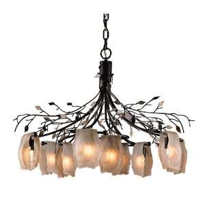 IGHT CHANDELIER IN BLACKENED RUST AND NATURAL TEA STAINED GLASS W30 