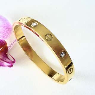   Steel Bangle Gold Screw & CZ Insets Bracelet Easy On Off Clasp  