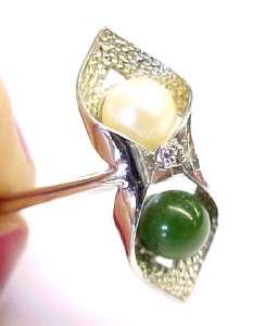 6mm Genuine Pearl & Green Jade Sterling Silver Fashion Wrap Ring Size 