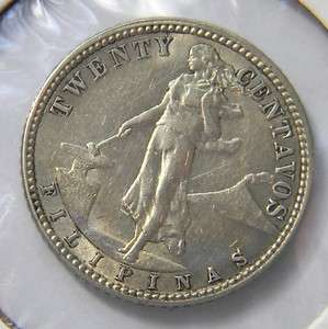 US PHILIPPINES lustrous 1917 S silver 20 Centavos; lot Ph 21; scarce 