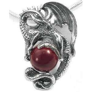 Large Detailed Medieval Dragon on Red Glass Sphere Sterling Silver 