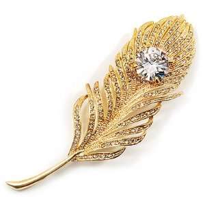  Large Swarovski Crystal Peacock Feather Gold Tone Brooch 