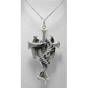  LARG Sterling Silver Wing Dragon Cross Pendant Necklace 