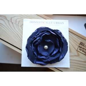  Navy Blue Satin Rosette Clip/brooch with Elegant Pearl 