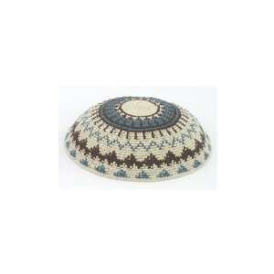  White DMC Knitted Kippah with Blue and Brown Lines 