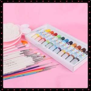 12 Acrylic Colors Paints Brush + Pallete Nail Art Kit  
