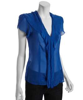 BCBGMAXAZRIA larkspur blue tonal stripe silk crepe ruffle blouse