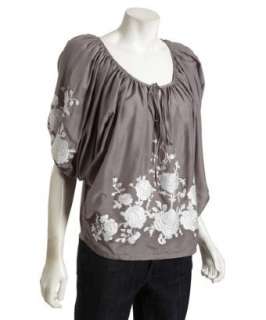 Wyatt grey cotton silk flower embroidered dolman blouse   up 