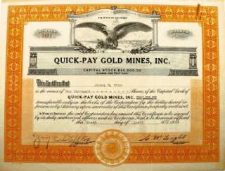 Quick Pay Gold Mines, Inc. Stock Certificate, Colorado  