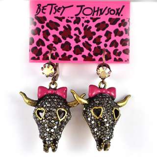 Original Betsey Johnson Pave Cattle Cow Skull Drop Earrings  