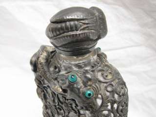 ANTIQUE SILVER METAL OVERLAY WHISKEY RYE BOTTLE FLASK INSECT LIZARD 