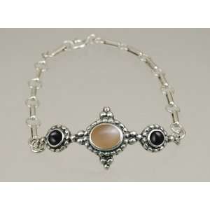   Chain Bracelet with Genuine Peach Moonstone Accented with Black Onyx