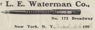 1906 L.E. Waterman Pen Co. N.Y Illustrated Billhead  