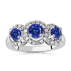 Round Lab Created Sapphire and Simulated Diamond Three Stone Ring in 