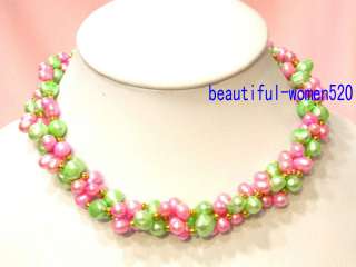 DAZZLING 3strands 8mm green and pink freshwater pearl Necklace
