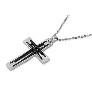  Black & Stainless Steel Mens Large Cross Pendant with 24 