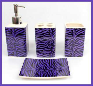   /Purple Zebra Ceramic Bathroom Set Soap/Toothbrush Dispenser/Tumbler