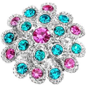  Blue Pink Gem Blossom Flower Adjustable Ring: Jewelry