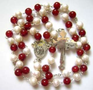 Sterling Silver 8mm Real Pearl & Red Agate Bead Rosary  