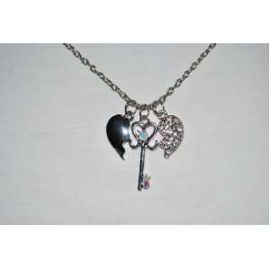   ! Silver Tone Bling Bling Womens Necklace 3 Charm, Broken Heart & Key