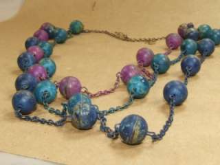 Vintage 3 Strand Painted Brass Ball Beaded Chain Necklace *  