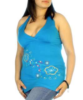 Blue plus size halter top blouse with floral design  