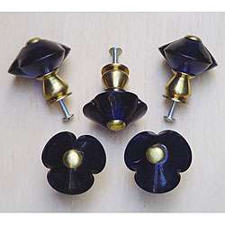 Cobalt Blue 3 petal Glass and Satin Brass Knobs (Set of 5)   