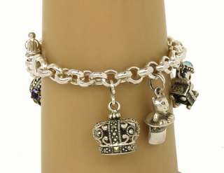EXQUISITE SILVER MIXED GEMS CHARM BRACELET W/ 9 CHARMS  