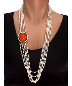 14k Gold Coral Cameo & Cultured Pearl Necklace  
