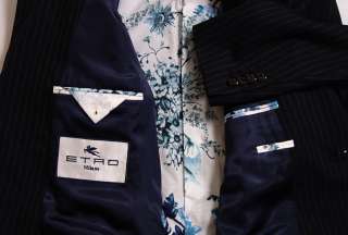 ETRO SUIT $2385 NAVY PINSTRIPE 2 BTN 100%WOOL SIGNATURE ACCENTED SUIT 