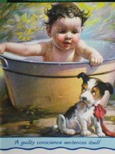 ZULA KENYON ART ORIGINAL 1930S INK BLOTTER LITTLE BOY IN TUB WITH DOG 