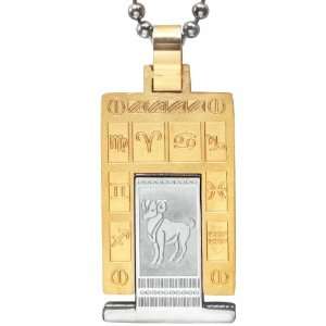 Embossed Zodiac Sign Silver and Gold Tone Rectangular Stainless Steel 