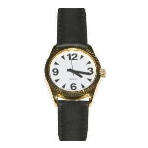  Unisex Low Vision Watch Gold Tone White Face Leather Band 