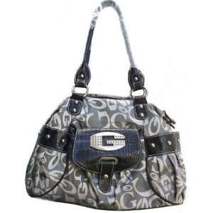 Jacquard Fabric G Shoulder Handbag Purse with Side Pockets   Pewter