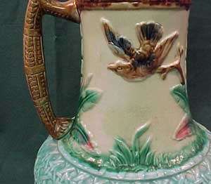 Antique Majolica Flying Bird and Basketweave Pitcher  