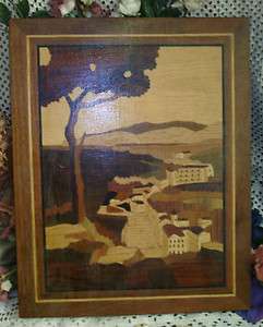 Vintage MARQUETRY Wood INLAY Picture Wall Plaque ART Wooden Landscape 