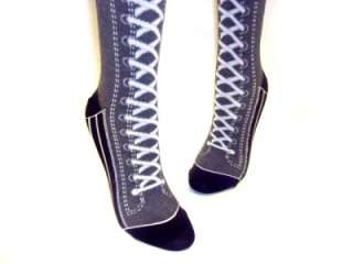 Grey n Black Knee High Sneaker Boot Lace Socks Rock  