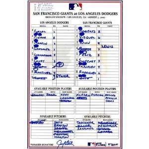   Giants at Dodgers Game Used Lineup Card 8 02 2007