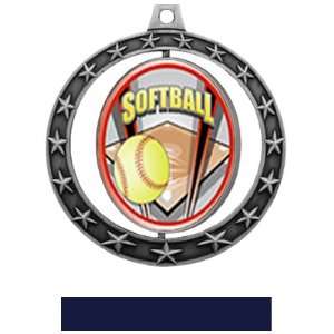 Hasty Awards Softball Spinner Medals M 7701 SILVER MEDAL / NAVY RIBBON 