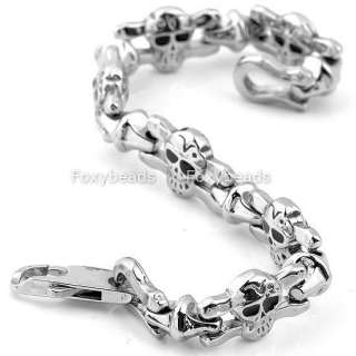 316L Stainless Steel Carved Evil Skull Beads Mens Bracelet Link Chain 