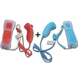 Red and Blue Nintendo Wii Remote+ Nunchuck+Silicone Skin +Wrist 