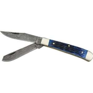  Damascus Knives 1021 Trapper Knife with Blue Jigged Bone 