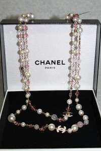 Chanel Gold Pink Beads Pearls Double Necklace Bag New  