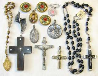 VINTAGE RELIGIOUS CATHOLIC JEWELRY LOT ITALY ROSARY BEADS MEDAL PINS 