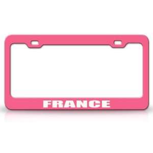 FRANCE Country Steel Auto License Plate Frame Tag Holder, Pink/White