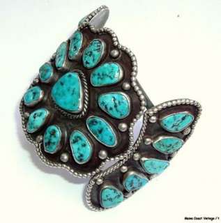 Old Sterling Navajo Turquoise Cluster Bracelet HUGE!  