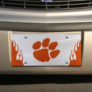    Clemson Tigers Silver Mirrored Flame License Plate Automotive