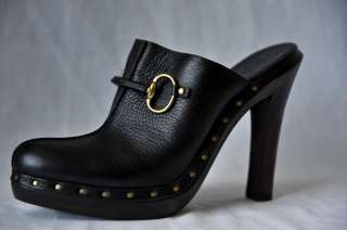 GUCCI Black LEATHER+Brown Gold HORSEBIT CLOG Platform Heel Sandal 