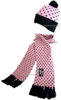 Winter Knit Hat Scarf Set Ski Beanie Pink Black Dots  